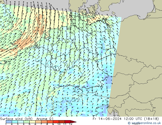 Bodenwind (bft) Arome 01 Fr 14.06.2024 12 UTC