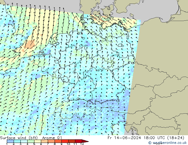 Rüzgar 10 m (bft) Arome 01 Cu 14.06.2024 18 UTC