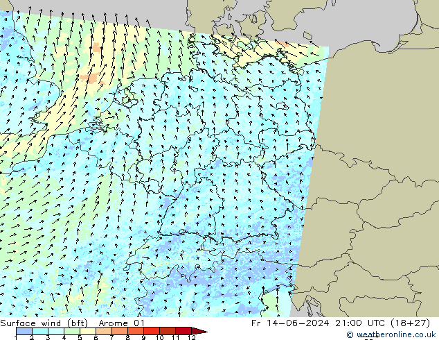 Surface wind (bft) Arome 01 Pá 14.06.2024 21 UTC