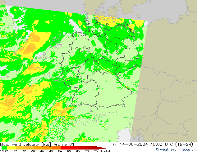 Max. wind velocity Arome 01 Fr 14.06.2024 18 UTC