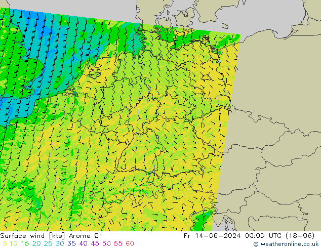 Wind 10 m Arome 01 vr 14.06.2024 00 UTC