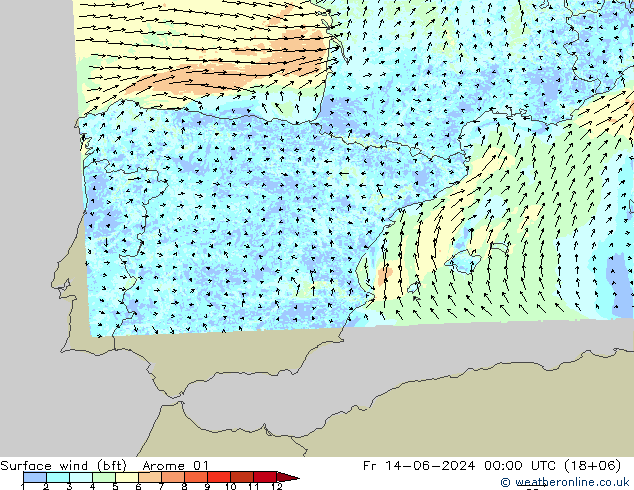 Vento 10 m (bft) Arome 01 Sex 14.06.2024 00 UTC