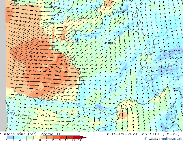 Surface wind (bft) Arome 01 Pá 14.06.2024 18 UTC