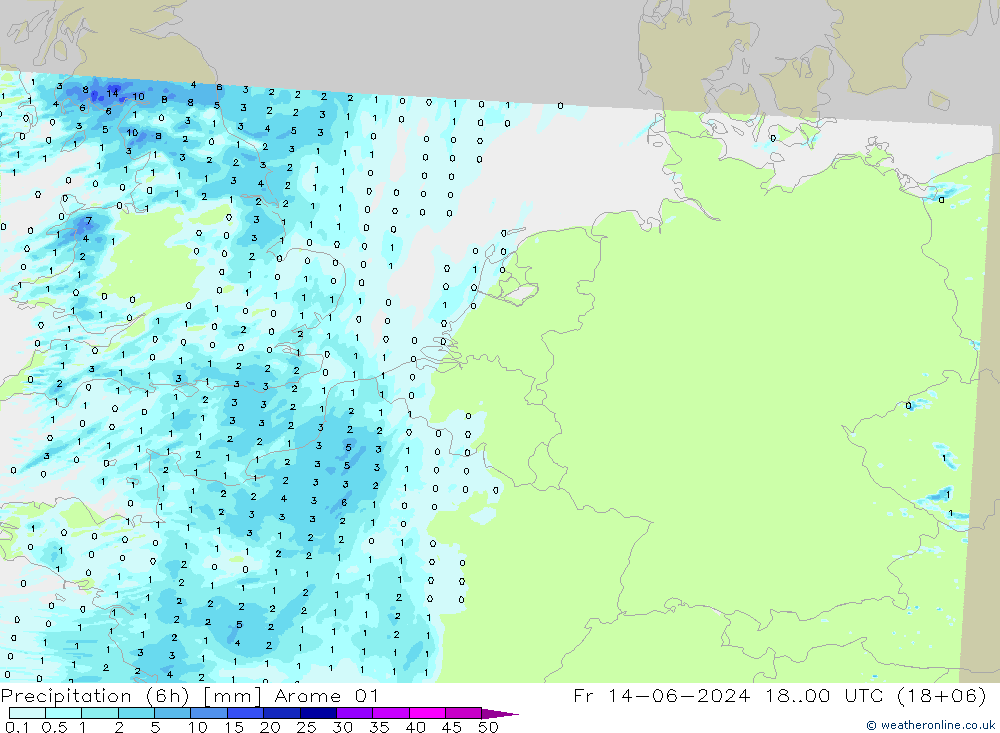 Precipitation (6h) Arome 01 Pá 14.06.2024 00 UTC