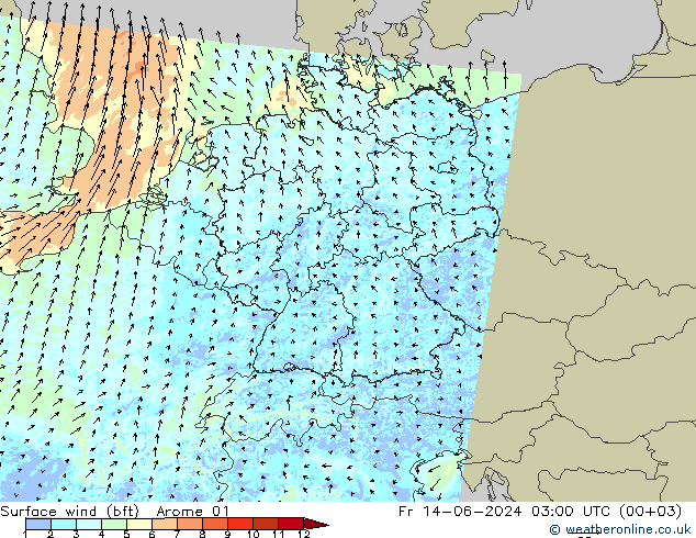 Bodenwind (bft) Arome 01 Fr 14.06.2024 03 UTC