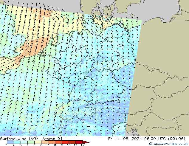 wiatr 10 m (bft) Arome 01 pt. 14.06.2024 06 UTC