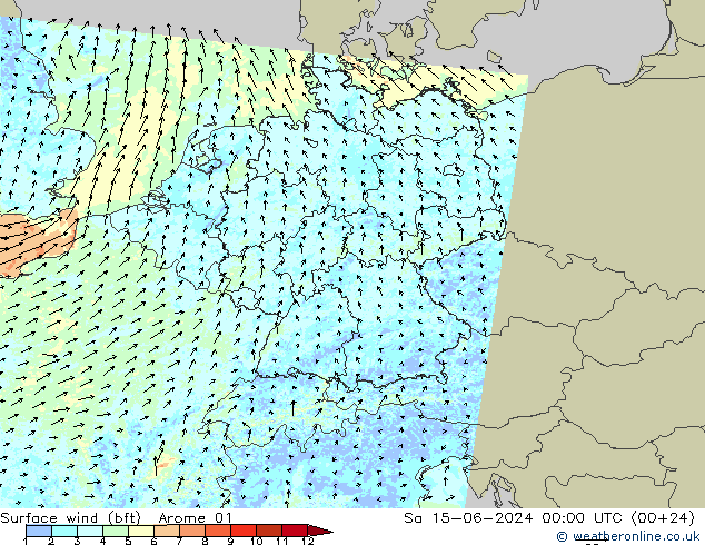 Rüzgar 10 m (bft) Arome 01 Cts 15.06.2024 00 UTC