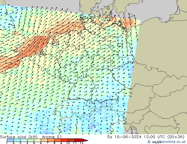 Vento 10 m (bft) Arome 01 sab 15.06.2024 12 UTC