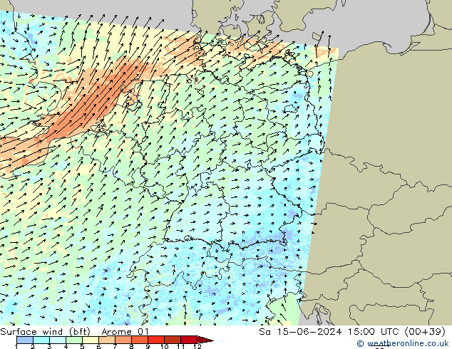 wiatr 10 m (bft) Arome 01 so. 15.06.2024 15 UTC