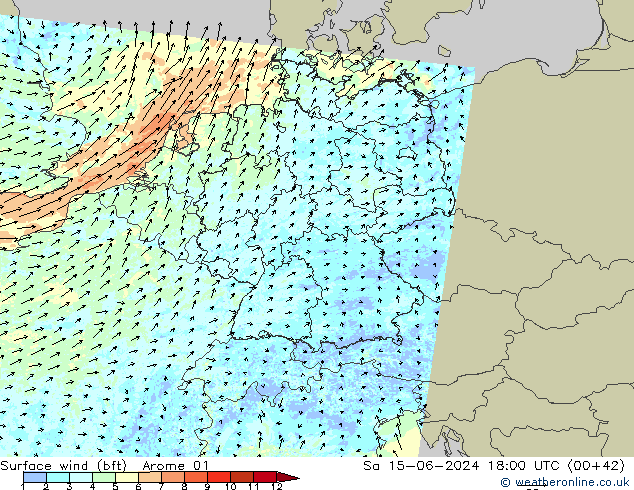 Surface wind (bft) Arome 01 Sa 15.06.2024 18 UTC
