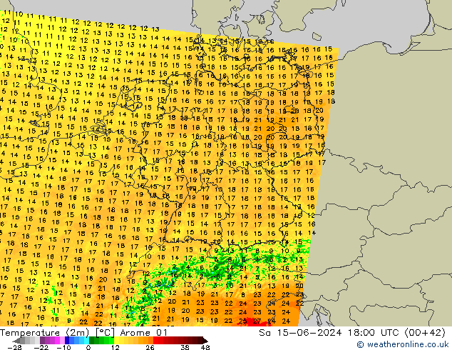 Temperaturkarte (2m) Arome 01 Sa 15.06.2024 18 UTC