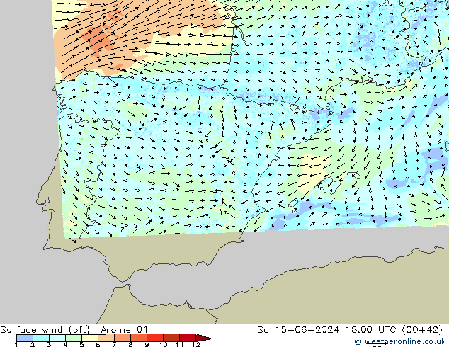 Rüzgar 10 m (bft) Arome 01 Cts 15.06.2024 18 UTC