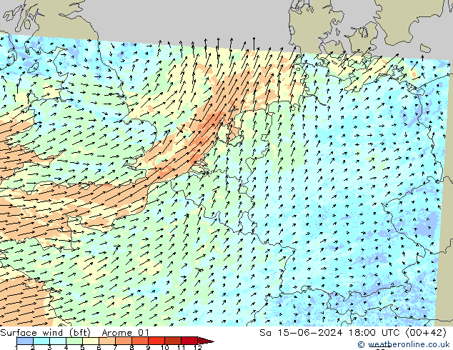 Wind 10 m (bft) Arome 01 za 15.06.2024 18 UTC