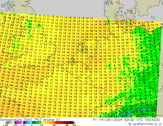 Temperaturkarte (2m) Arome 01 Fr 14.06.2024 03 UTC