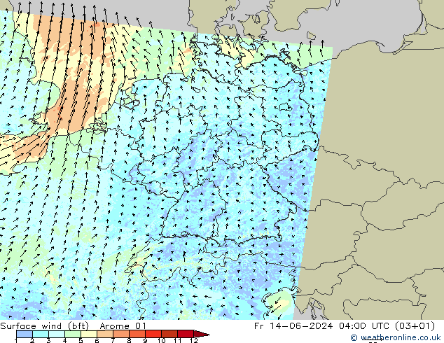 Surface wind (bft) Arome 01 Pá 14.06.2024 04 UTC