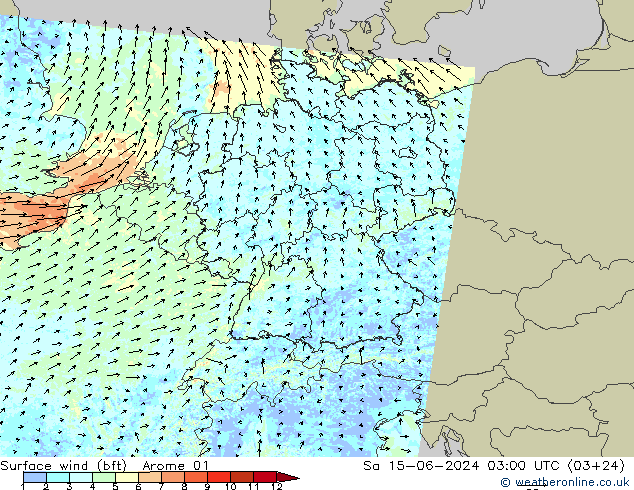 Surface wind (bft) Arome 01 So 15.06.2024 03 UTC