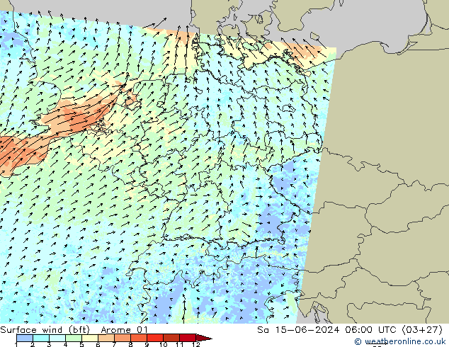 Surface wind (bft) Arome 01 Sa 15.06.2024 06 UTC