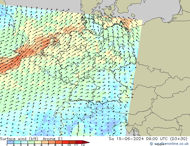 wiatr 10 m (bft) Arome 01 so. 15.06.2024 09 UTC