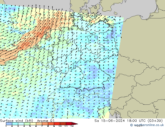 Vento 10 m (bft) Arome 01 Sáb 15.06.2024 18 UTC