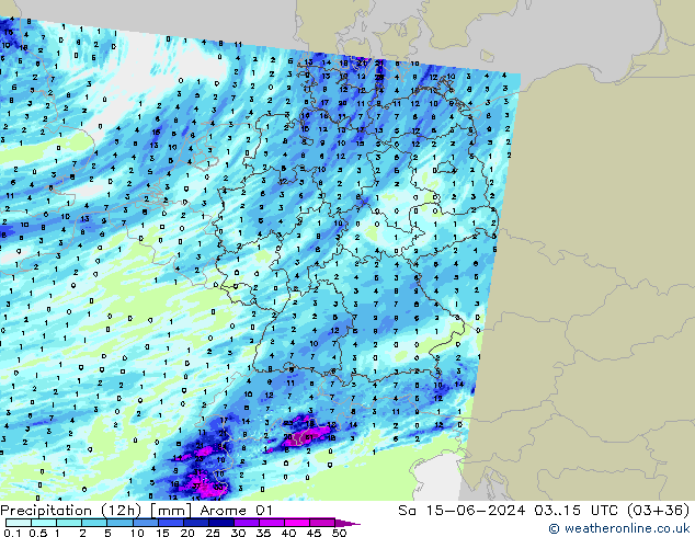 Precipitation (12h) Arome 01 Sa 15.06.2024 15 UTC