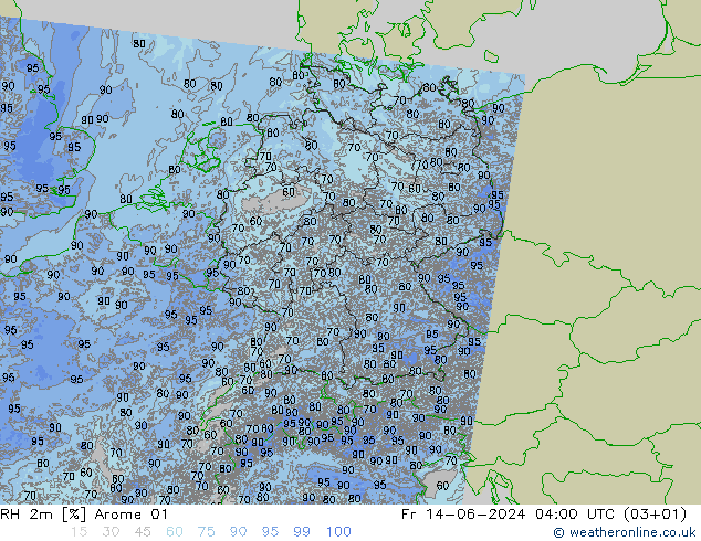 RH 2m Arome 01 Pá 14.06.2024 04 UTC