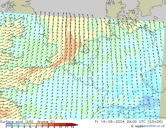 Bodenwind (bft) Arome 01 Fr 14.06.2024 09 UTC