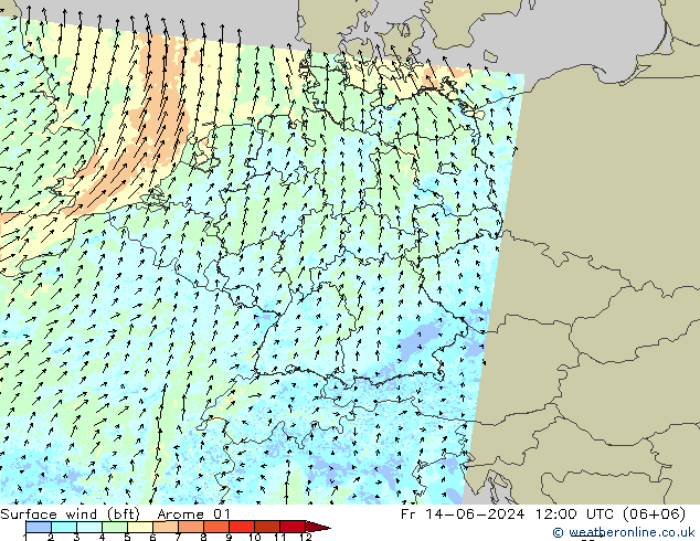 Surface wind (bft) Arome 01 Pá 14.06.2024 12 UTC