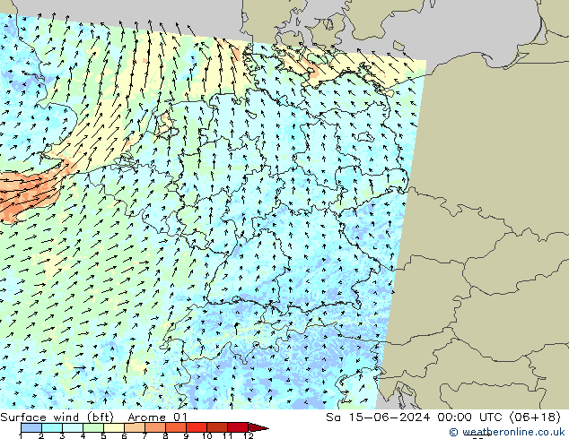 wiatr 10 m (bft) Arome 01 so. 15.06.2024 00 UTC