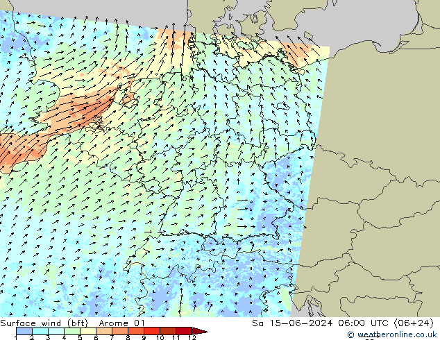 Vento 10 m (bft) Arome 01 Sáb 15.06.2024 06 UTC