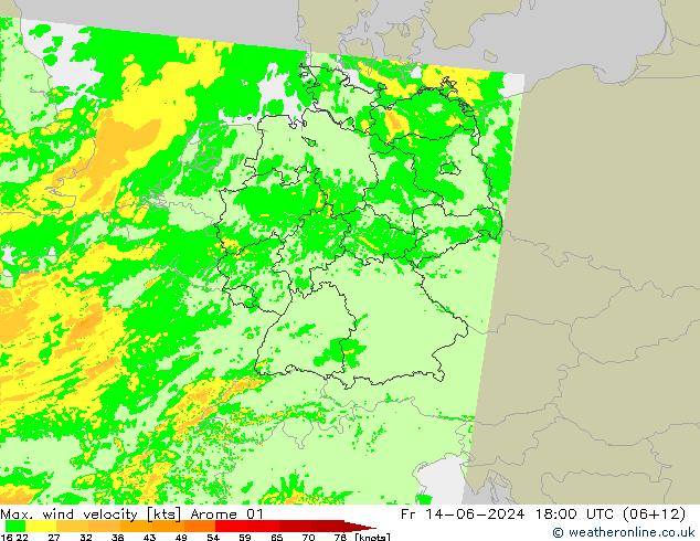 Max. wind velocity Arome 01 vie 14.06.2024 18 UTC