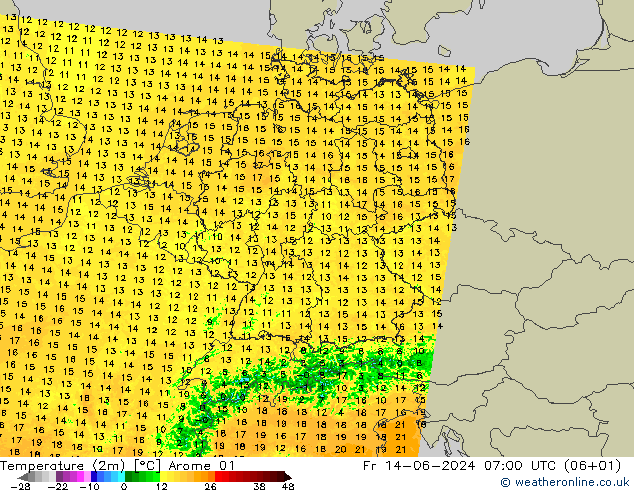 Temperatuurkaart (2m) Arome 01 vr 14.06.2024 07 UTC