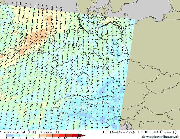 Rüzgar 10 m (bft) Arome 01 Cu 14.06.2024 13 UTC