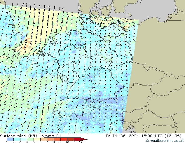 wiatr 10 m (bft) Arome 01 pt. 14.06.2024 18 UTC