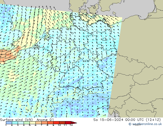 wiatr 10 m (bft) Arome 01 so. 15.06.2024 00 UTC