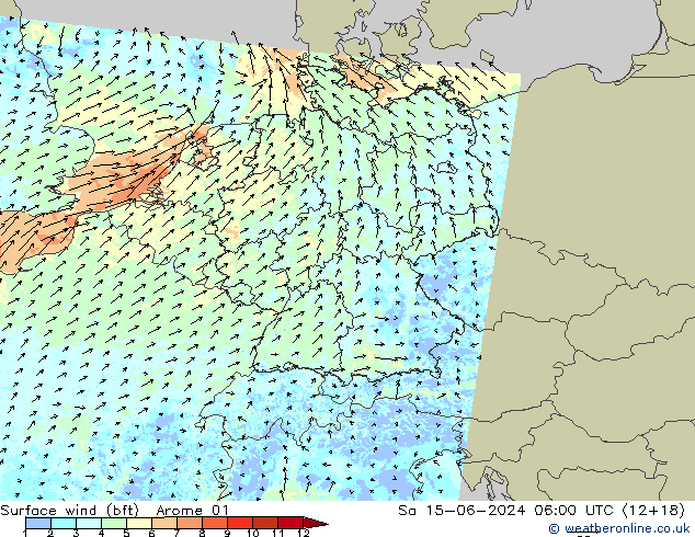 Vent 10 m (bft) Arome 01 sam 15.06.2024 06 UTC