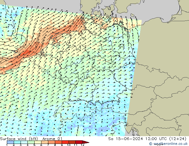 Surface wind (bft) Arome 01 Sa 15.06.2024 12 UTC