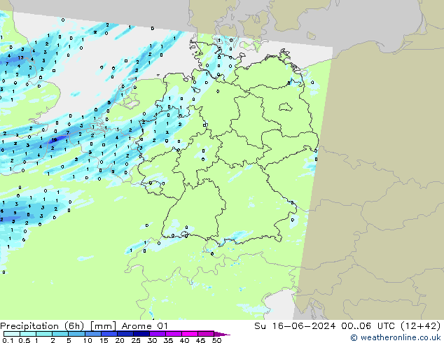 Precipitation (6h) Arome 01 Su 16.06.2024 06 UTC
