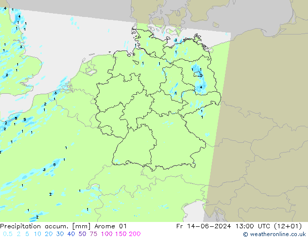 Precipitation accum. Arome 01 Fr 14.06.2024 13 UTC