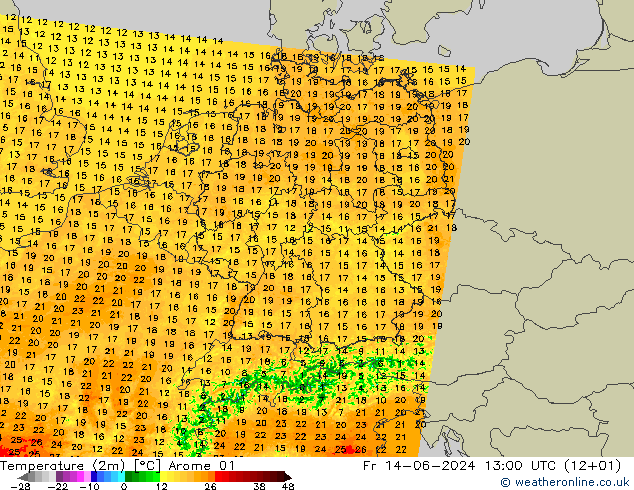 Temperature (2m) Arome 01 Pá 14.06.2024 13 UTC