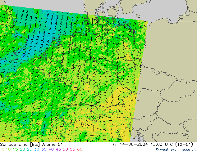 Surface wind Arome 01 Fr 14.06.2024 13 UTC