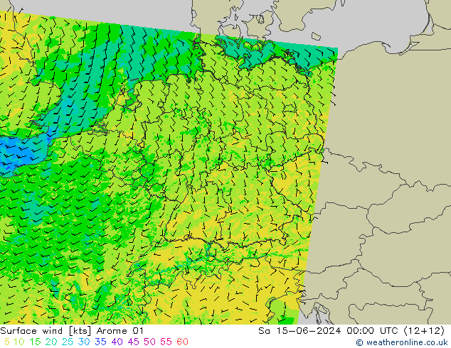 Wind 10 m Arome 01 za 15.06.2024 00 UTC