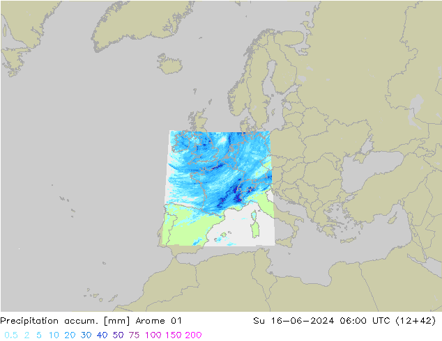 Precipitation accum. Arome 01 Su 16.06.2024 06 UTC