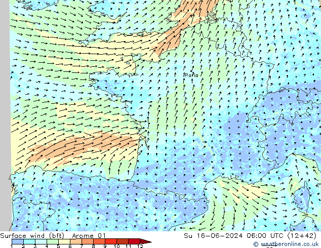 Surface wind (bft) Arome 01 Su 16.06.2024 06 UTC
