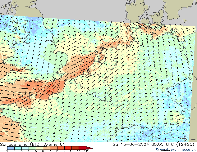 Surface wind (bft) Arome 01 Sa 15.06.2024 08 UTC