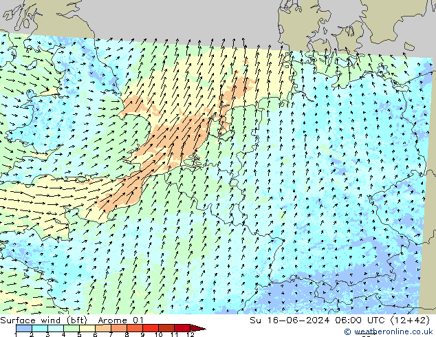 Surface wind (bft) Arome 01 Su 16.06.2024 06 UTC