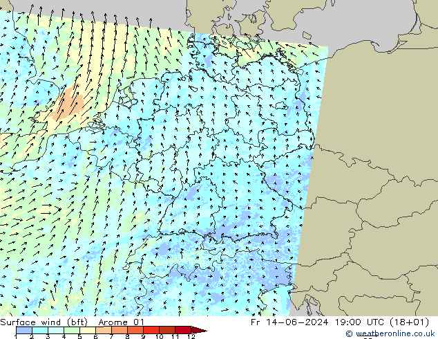 Rüzgar 10 m (bft) Arome 01 Cu 14.06.2024 19 UTC