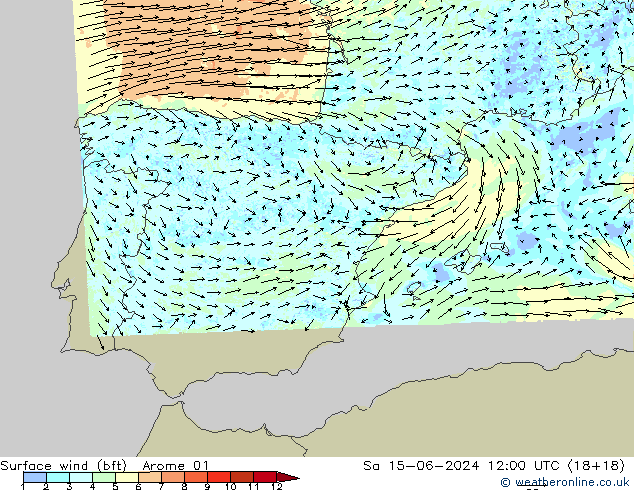 Surface wind (bft) Arome 01 So 15.06.2024 12 UTC