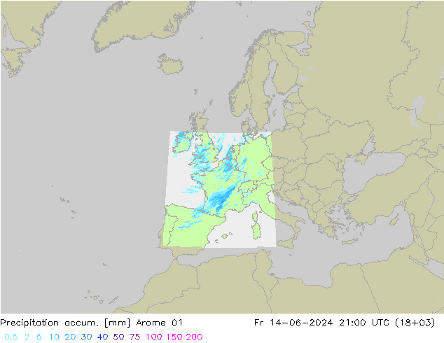 Totale neerslag Arome 01 vr 14.06.2024 21 UTC