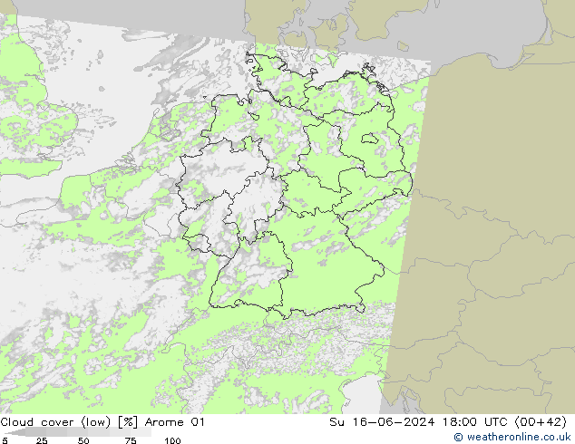 Bewolking (Laag) Arome 01 zo 16.06.2024 18 UTC