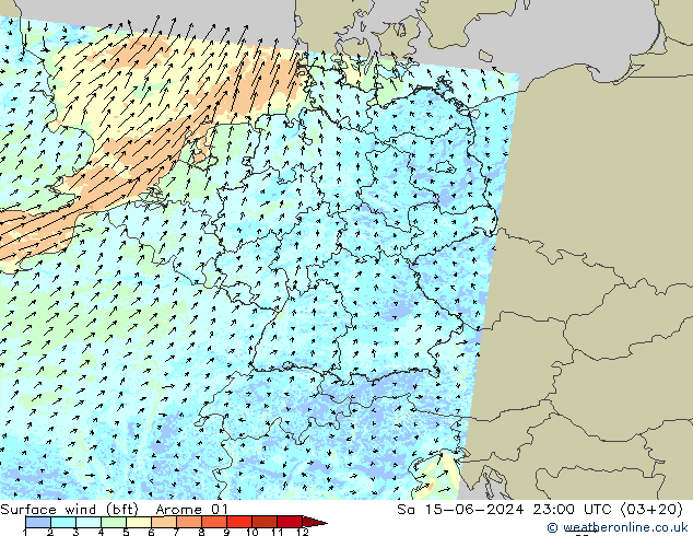 Surface wind (bft) Arome 01 Sa 15.06.2024 23 UTC